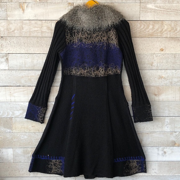 Faux fur collar flower embroidered cardigan duster - Picture 2 of 16